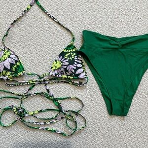 aerie Green Floral Tie-String Triangle Bikini with Solid High-Waist Bottoms